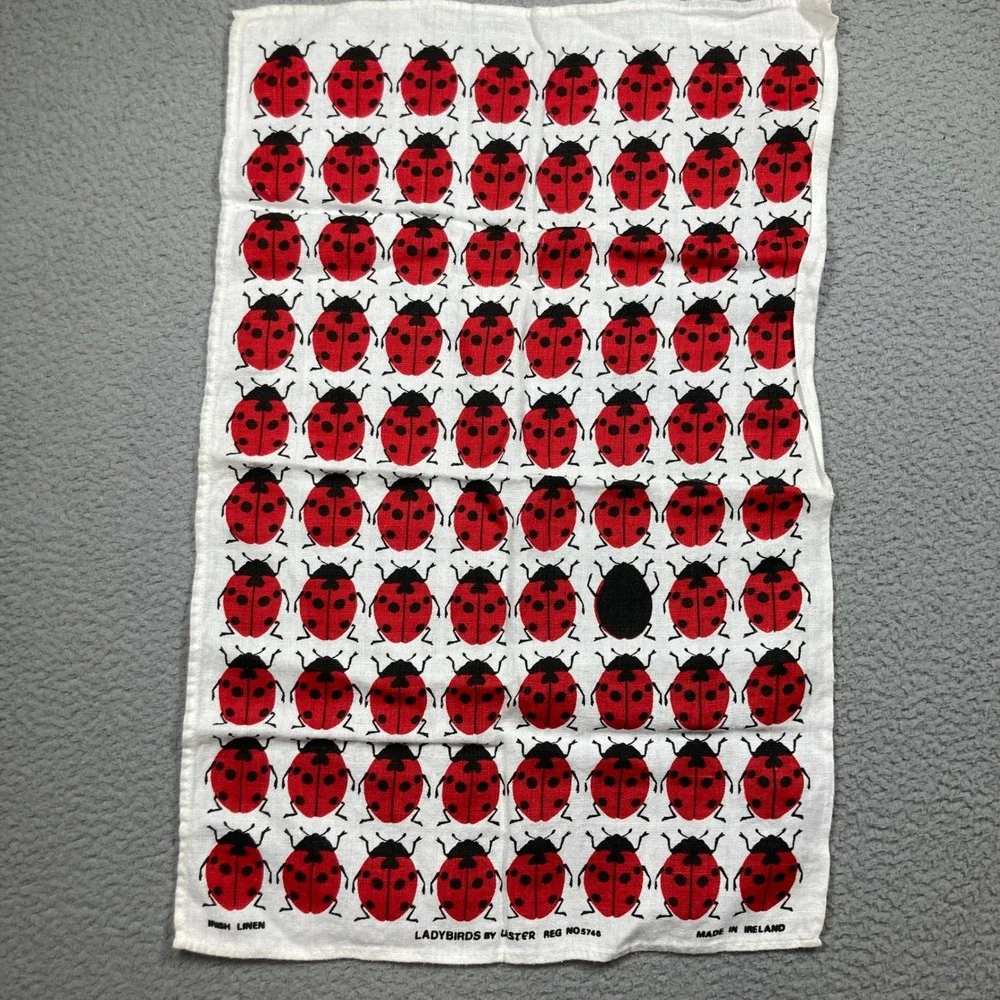 Ulster Ladybirds Tea Towel Red White Irish Linen Vintage Ladybug Print Kitchen